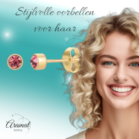 Goudkleurige Oorstekers 4mm - Roze Kristal -