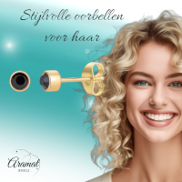 Goudkleurige Oorstekers 4mm - Zwart Kristal -