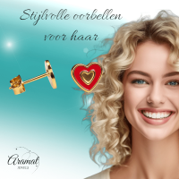 Goudkleurige hartjes oorbellen met rood emaille -