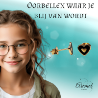 Goudkleurige hartjes oorbellen met zwart emaille -