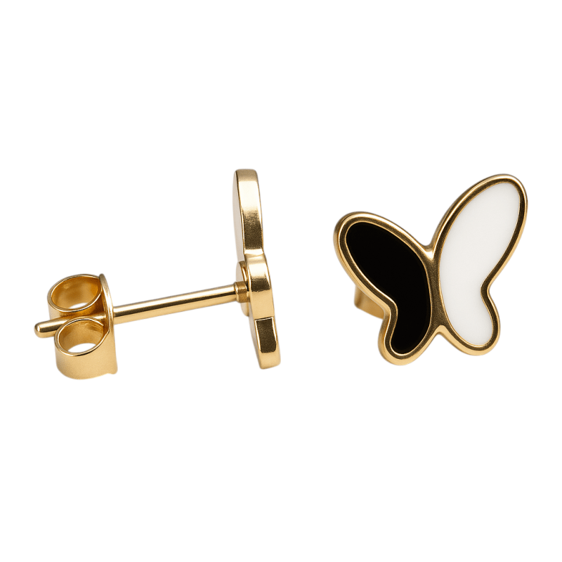 Vlinder oorbellen zwart & wit &acirc;&euro;&ldquo; goudkleurig RVS -