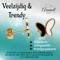 Vlinder oorbellen zwart & wit &acirc;&euro;&ldquo; goudkleurig RVS -