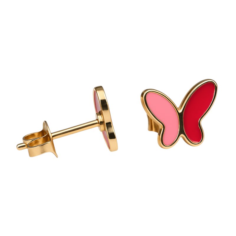 Vlinder oorbellen rood & roze &acirc;&euro;&ldquo; goudkleurig RVS -