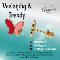 Vlinder oorbellen rood & roze &acirc;&euro;&ldquo; goudkleurig RVS -