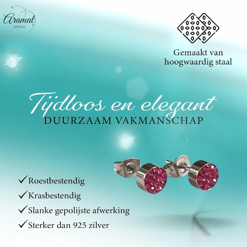 Zilverkleurige oorstekers met fuchsia roze kristallen &acirc;&euro;&ldquo; 6 mm -