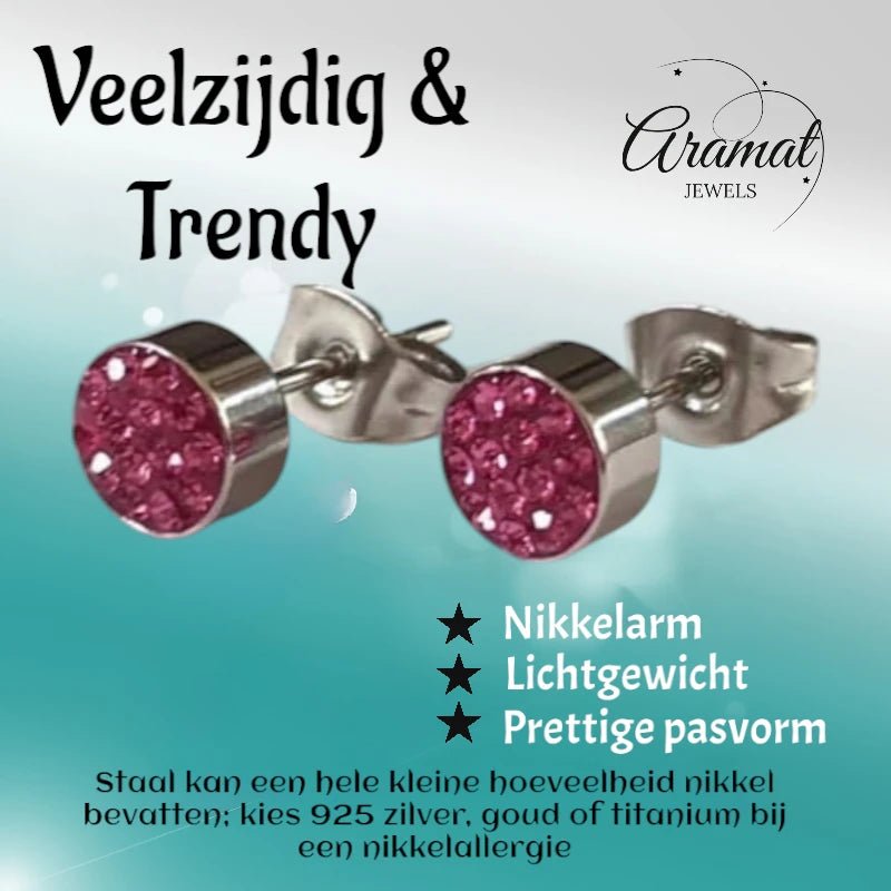 Zilverkleurige oorstekers met fuchsia roze kristallen &acirc;&euro;&ldquo; 6 mm -