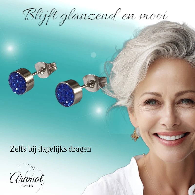 Zilverkleurige oorstekers met donkerblauw kristal &acirc;&euro;&ldquo; 6 mm -