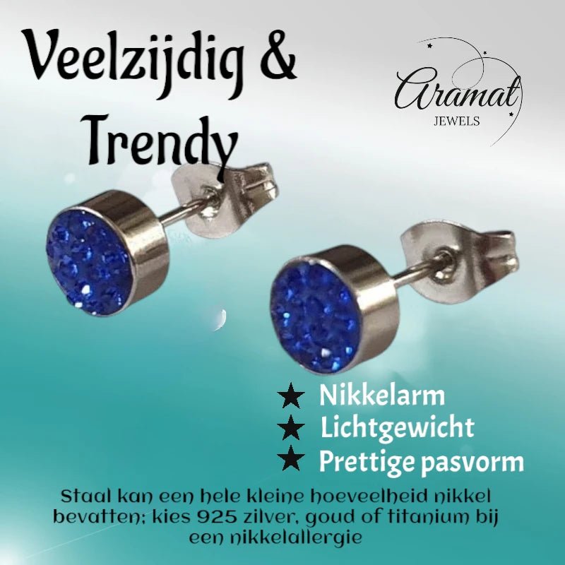Zilverkleurige oorstekers met donkerblauw kristal &acirc;&euro;&ldquo; 6 mm -