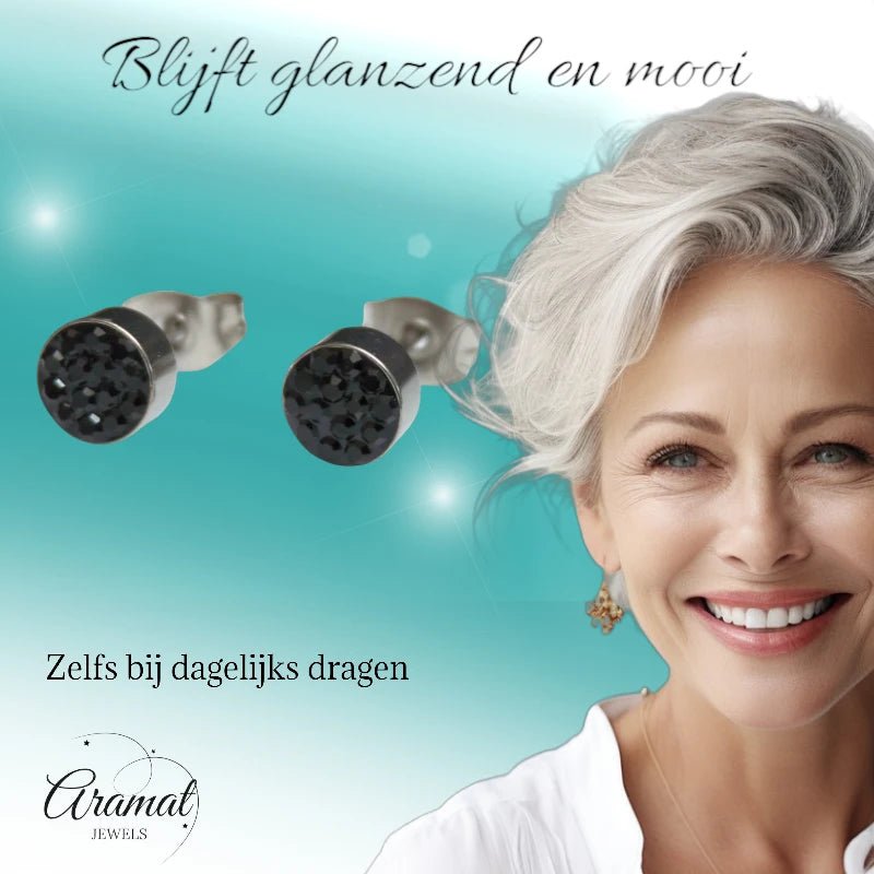 Zilverkleurige oorstekers met zwarte kristallen &acirc;&euro;&ldquo; 6 mm -