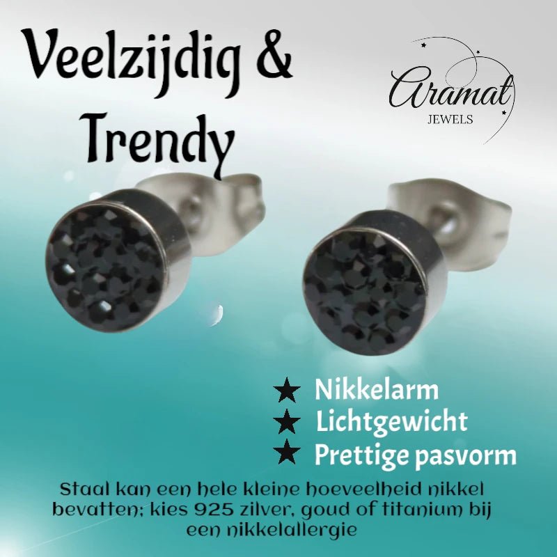 Zilverkleurige oorstekers met zwarte kristallen &acirc;&euro;&ldquo; 6 mm -