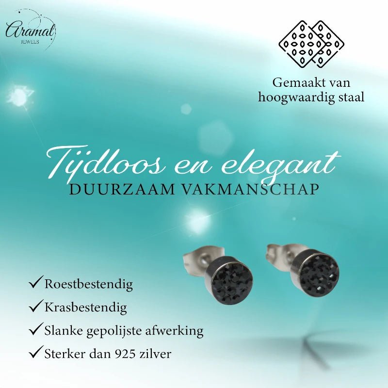 Zilverkleurige oorstekers met zwarte kristallen &acirc;&euro;&ldquo; 6 mm -