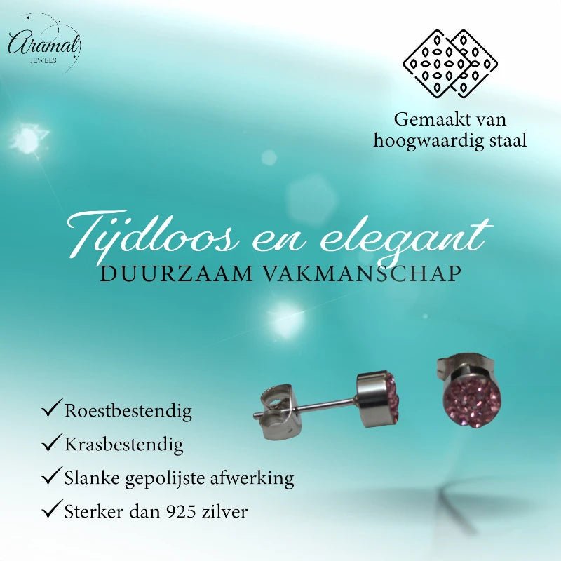Zilverkleurige oorstekers met lichtroze kristal &acirc;&euro;&ldquo; 6 mm -