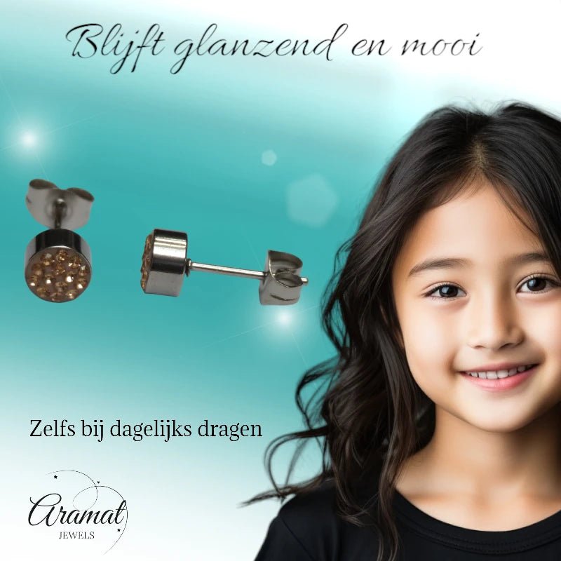 Zilverkleurige oorstekers met champagne kristal &acirc;&euro;&ldquo; 6 mm -