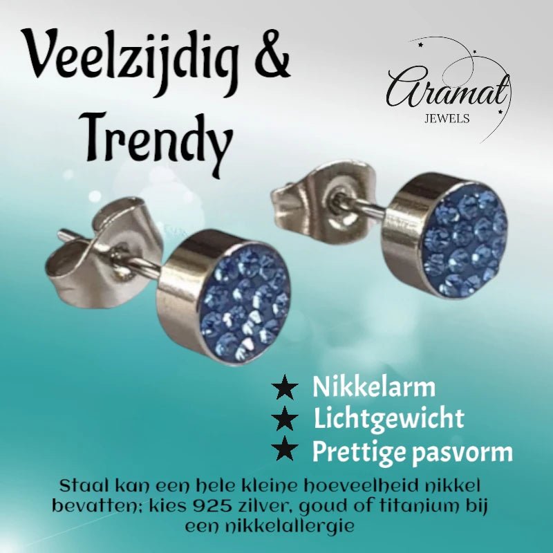 Zilverkleurige oorstekers met lichtblauw kristal &acirc;&euro;&ldquo; 6 mm -