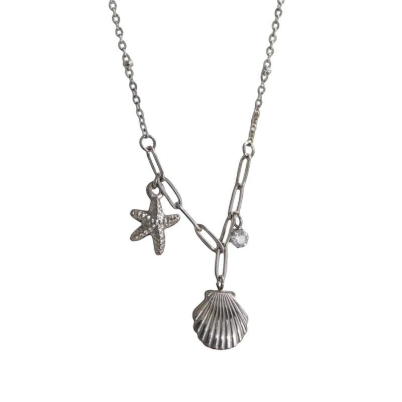 Zilverkleurige bedelketting met zeester, schelp & zirkonia &acirc;&euro;&ldquo; 40+5 cm - Dames