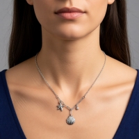 Zilverkleurige bedelketting met zeester, schelp & zirkonia &acirc;&euro;&ldquo; 40+5 cm - Dames