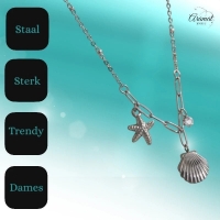 Zilverkleurige bedelketting met zeester, schelp & zirkonia &acirc;&euro;&ldquo; 40+5 cm - Dames
