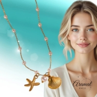 Goudkleurige parelketting met schelp & zeester &acirc;&euro;&ldquo; 40+5 cm - Dames