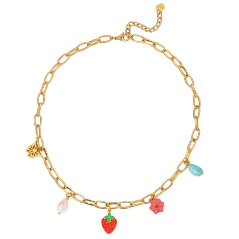 Goudkleurige bedelketting met parel, emaille & steen &acirc;&euro;&ldquo; 40+5 cm - Dames