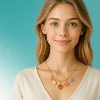 Goudkleurige bedelketting met parel, emaille & steen &acirc;&euro;&ldquo; 40+5 cm - Dames