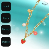 Goudkleurige bedelketting met parel, emaille & steen &acirc;&euro;&ldquo; 40+5 cm - Dames