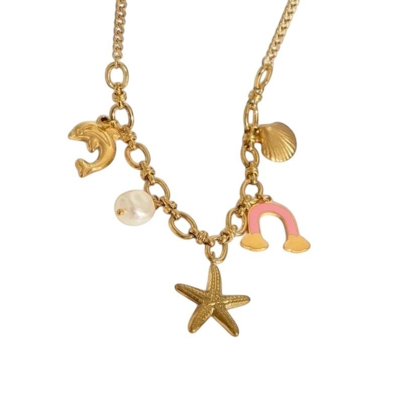 Goudkleurige bedelketting met roze emaille & parel &acirc;&euro;&ldquo; 40+5 cm - Dames