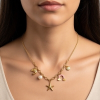 Goudkleurige bedelketting met roze emaille & parel &acirc;&euro;&ldquo; 40+5 cm - Dames