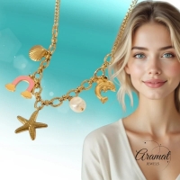 Goudkleurige bedelketting met roze emaille & parel &acirc;&euro;&ldquo; 40+5 cm - Dames