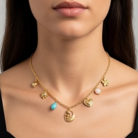 Goudkleurige damesketting met natuursteen & schelpbedels &acirc;&euro;&ldquo; 45+5 cm - Dames