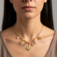Goudkleurige damesketting met parel & kristalbedels &acirc;&euro;&ldquo; 45+5 cm - Dames