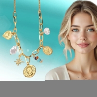 Goudkleurige damesketting met parel & kristalbedels &acirc;&euro;&ldquo; 45+5 cm - Dames