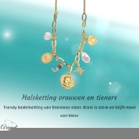 Goudkleurige damesketting met parel & kristalbedels &acirc;&euro;&ldquo; 45+5 cm - Dames