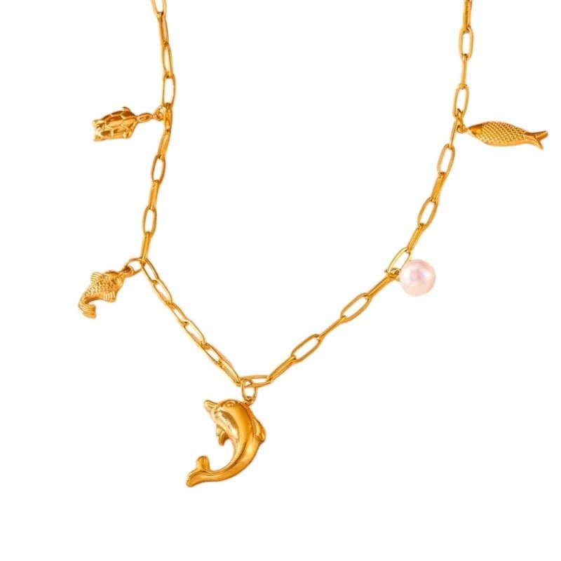 Goudkleurige damesketting met zee-bedels & parel &acirc;&euro;&ldquo; 45 cm - Dames
