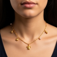 Goudkleurige damesketting met parel & zee-bedels &acirc;&euro;&ldquo; 45 cm - Dames