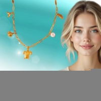 Goudkleurige damesketting met parel & zee-bedels &acirc;&euro;&ldquo; 45 cm - Dames