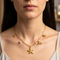 Goudkleurige damesketting met zee-bedels en parel &acirc;&euro;&ldquo; 45 cm - Dames