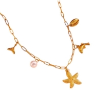 Goudkleurige damesketting met zee-bedels en parel &acirc;&euro;&ldquo; 45 cm - Dames