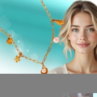 Goudkleurige damesketting met schelp- en parelbedels - Dames