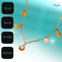 Goudkleurige damesketting met schelp- en parelbedels - Dames