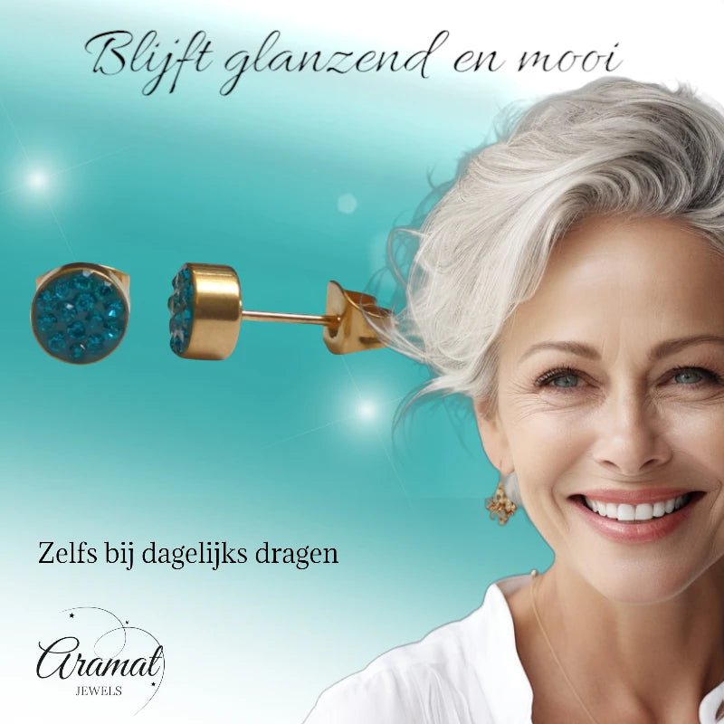 Zeegroene kristallen oorstekers 6 mm &acirc;&euro;&ldquo; goudkleurig -