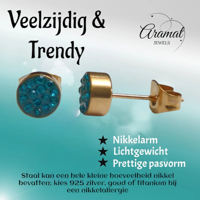 Zeegroene kristallen oorstekers 6 mm &acirc;&euro;&ldquo; goudkleurig -