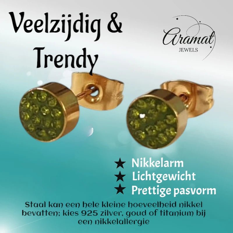 Olijfgroene kristallen oorstekers 6 mm &acirc;&euro;&ldquo; goudkleurig -