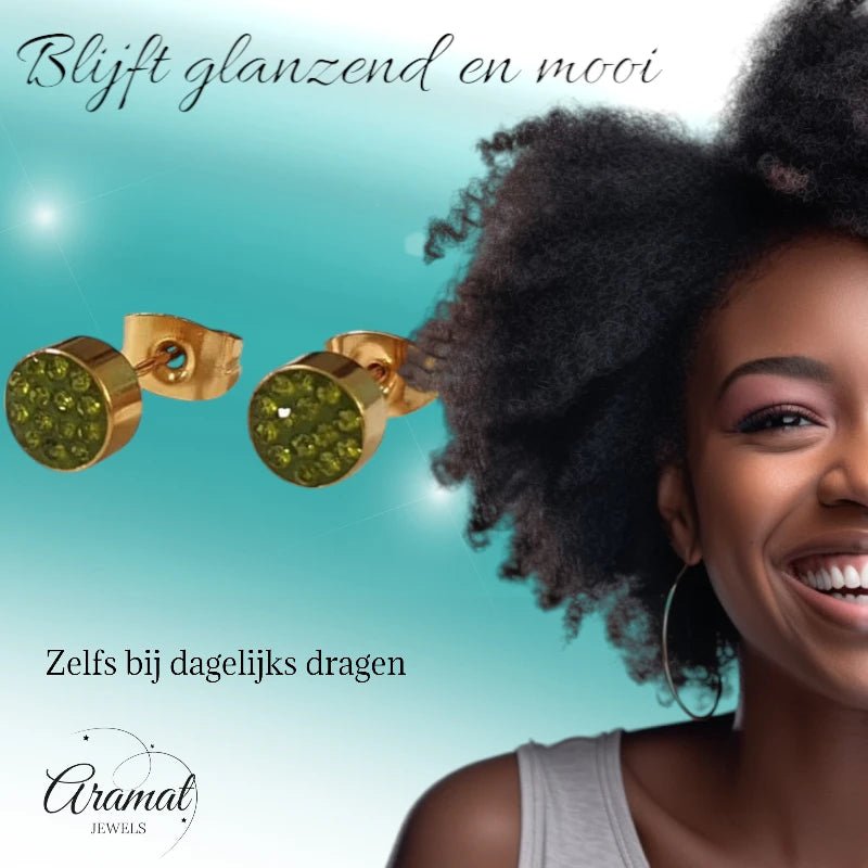 Olijfgroene kristallen oorstekers 6 mm &acirc;&euro;&ldquo; goudkleurig -