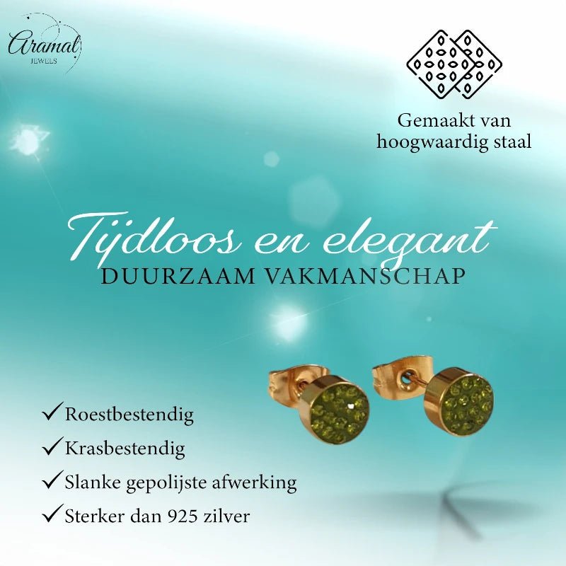 Olijfgroene kristallen oorstekers 6 mm &acirc;&euro;&ldquo; goudkleurig -