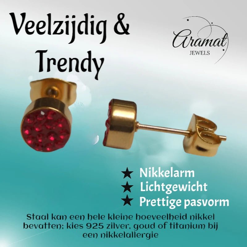 Rode kristallen oorstekers 6 mm &acirc;&euro;&ldquo; goudkleurig -