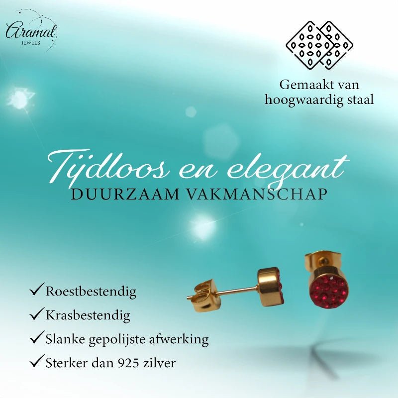 Rode kristallen oorstekers 6 mm &acirc;&euro;&ldquo; goudkleurig -