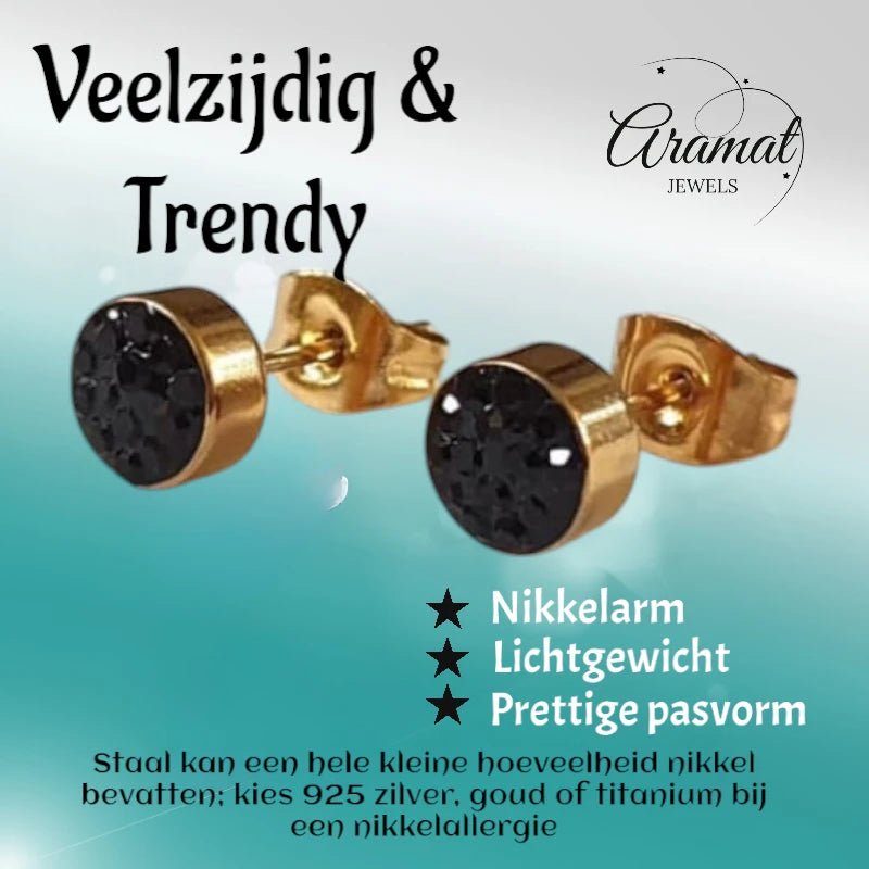 Zwarte kristallen oorstekers 6 mm &acirc;&euro;&ldquo; goudkleurig -