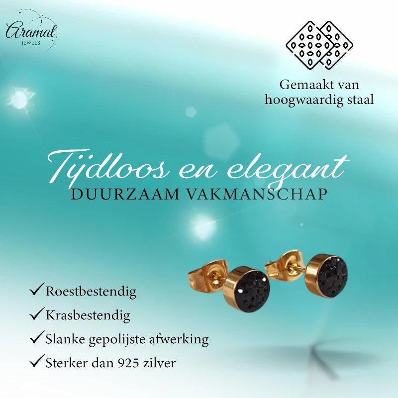 Zwarte kristallen oorstekers 6 mm &acirc;&euro;&ldquo; goudkleurig -