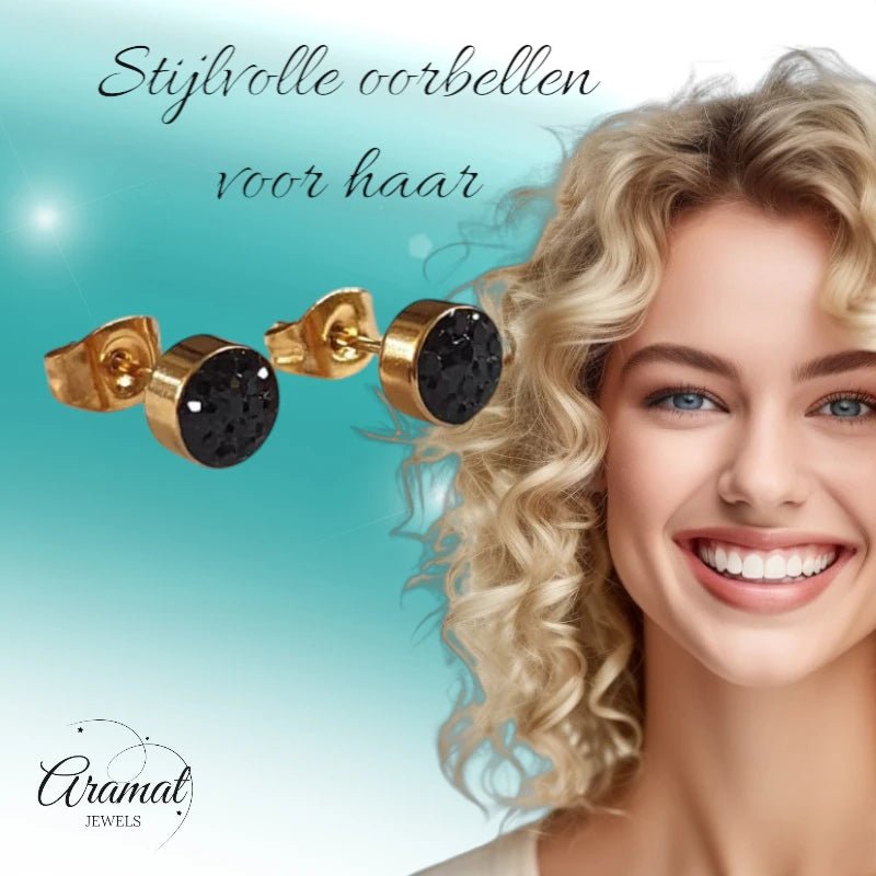 Zwarte kristallen oorstekers 6 mm &acirc;&euro;&ldquo; goudkleurig -