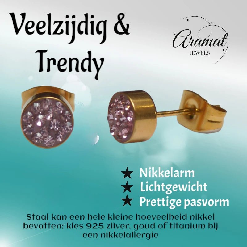Roze kristallen oorstekers 6 mm &acirc;&euro;&ldquo; goudkleurig -